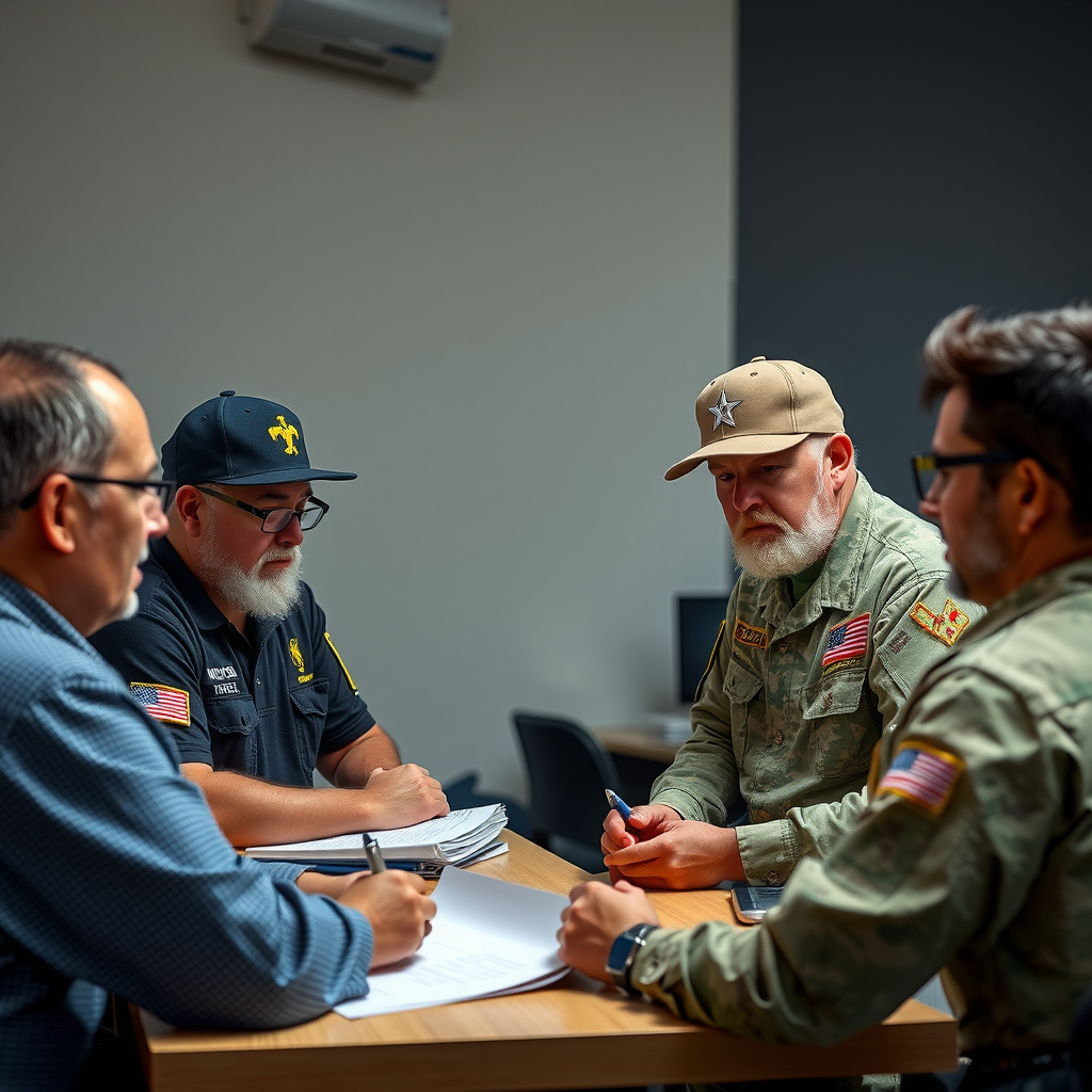 Group of veterans participating in mentorship workshop with collaborative discussion