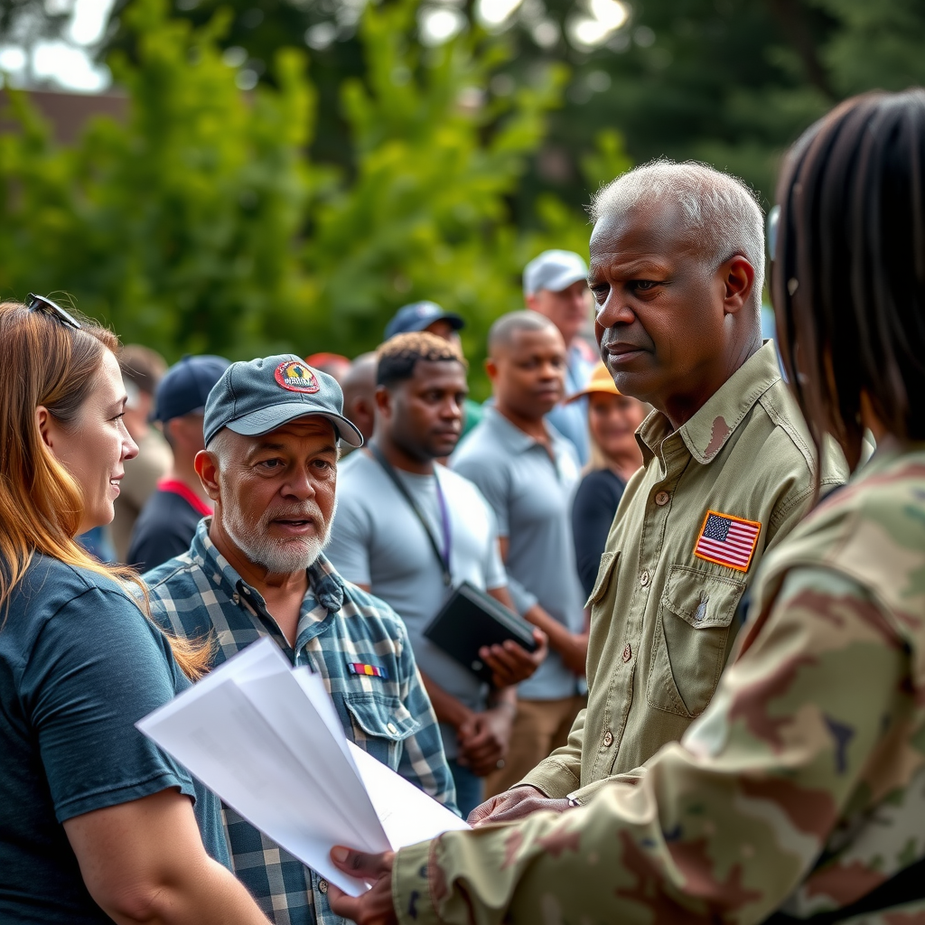 Veterans volunteering in community service project with diverse group of community members