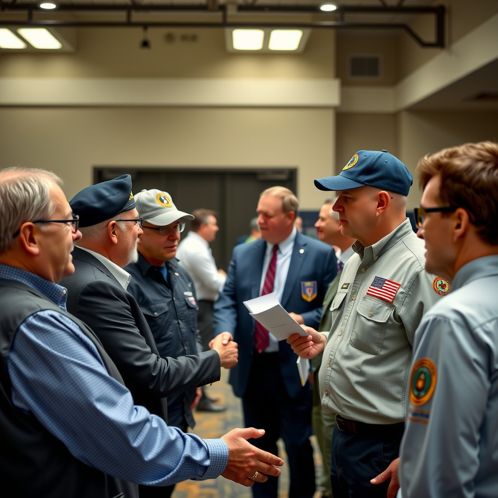 Group of veterans in professional attire shaking hands and networking at a community support event, showing camaraderie and mutual support