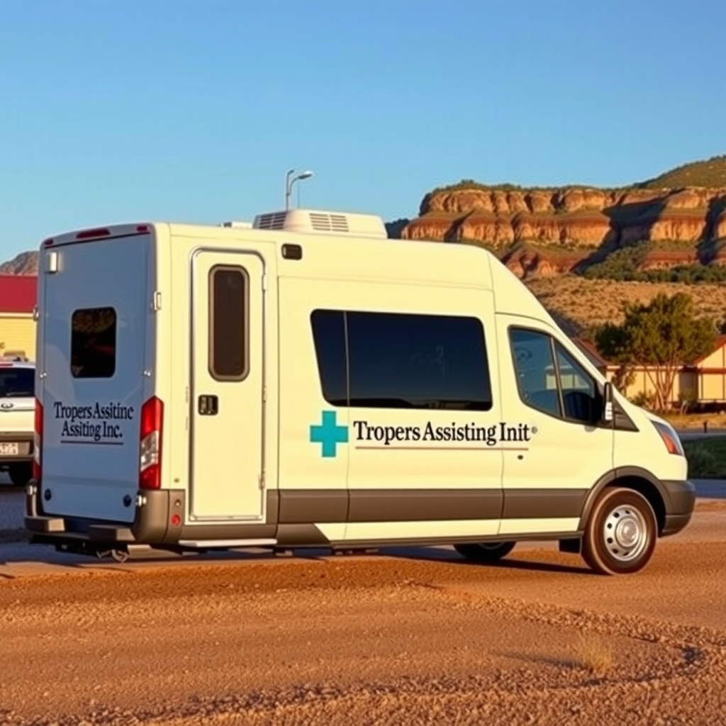 Modern mobile mental health unit van parked in a rural community setting with mountains in the background, featuring the Troopers Assisting Inc logo on the side, professional healthcare vehicle designed for veteran outreach services