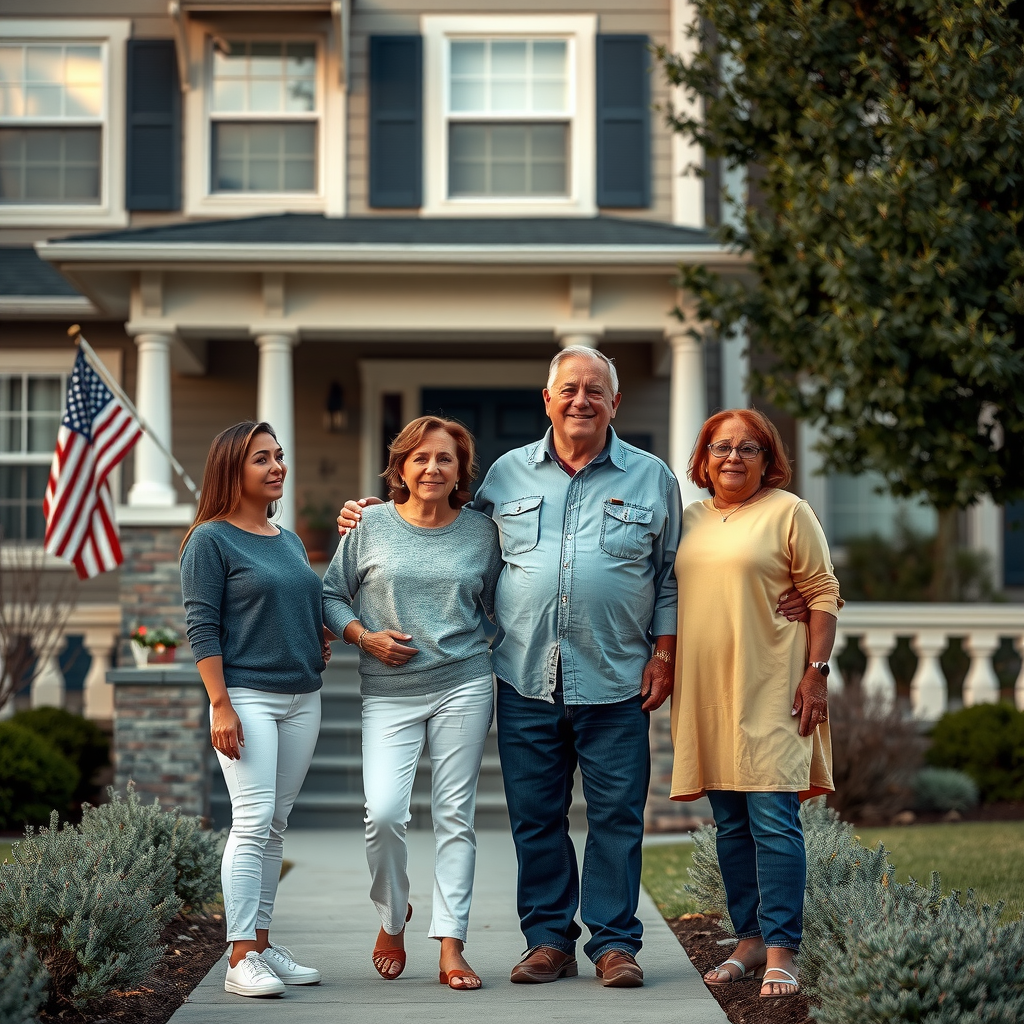 Veteran family of four standing proudly in front of their suburban home with American flag visible, showing relief and stability after receiving housing assistance