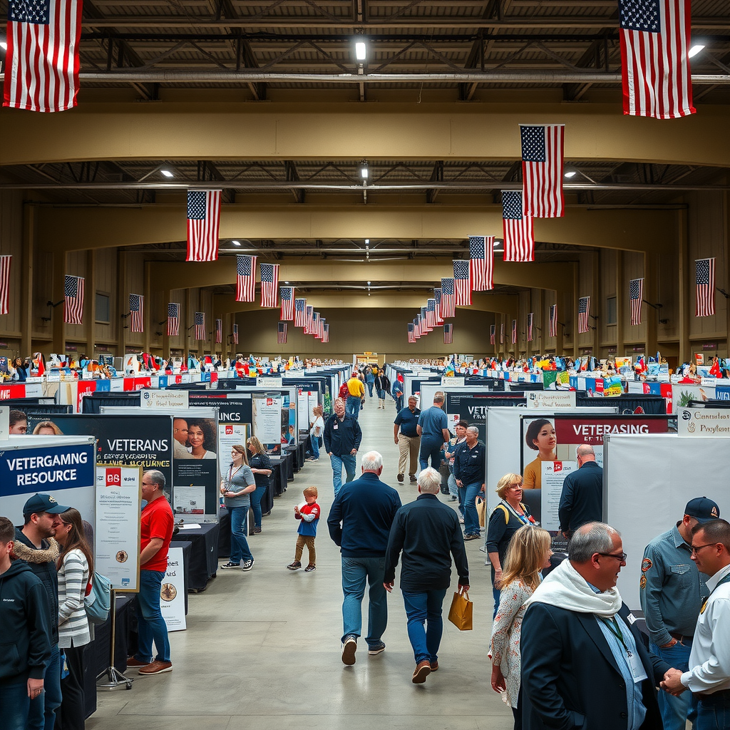 Wide view of the Veterans Resource Fair showing rows of exhibitor booths with banners, veterans and families walking through aisles, volunteers assisting attendees, and informational displays under a large indoor venue with American flags hanging from the ceiling
