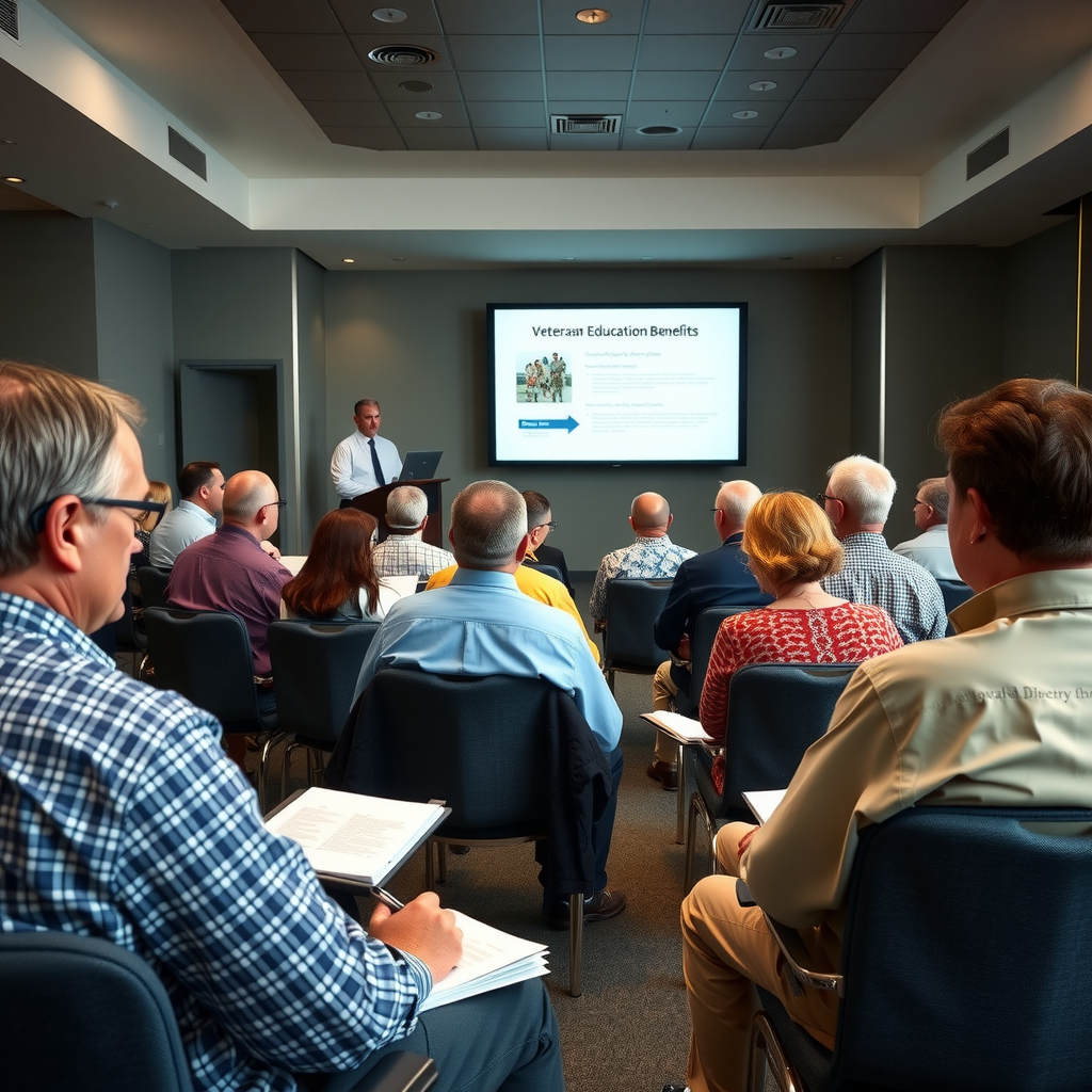 Veterans and their family members seated in a modern conference room attending an education benefits workshop, with a presenter at the front showing information on a large screen, participants taking notes and engaging in discussion
