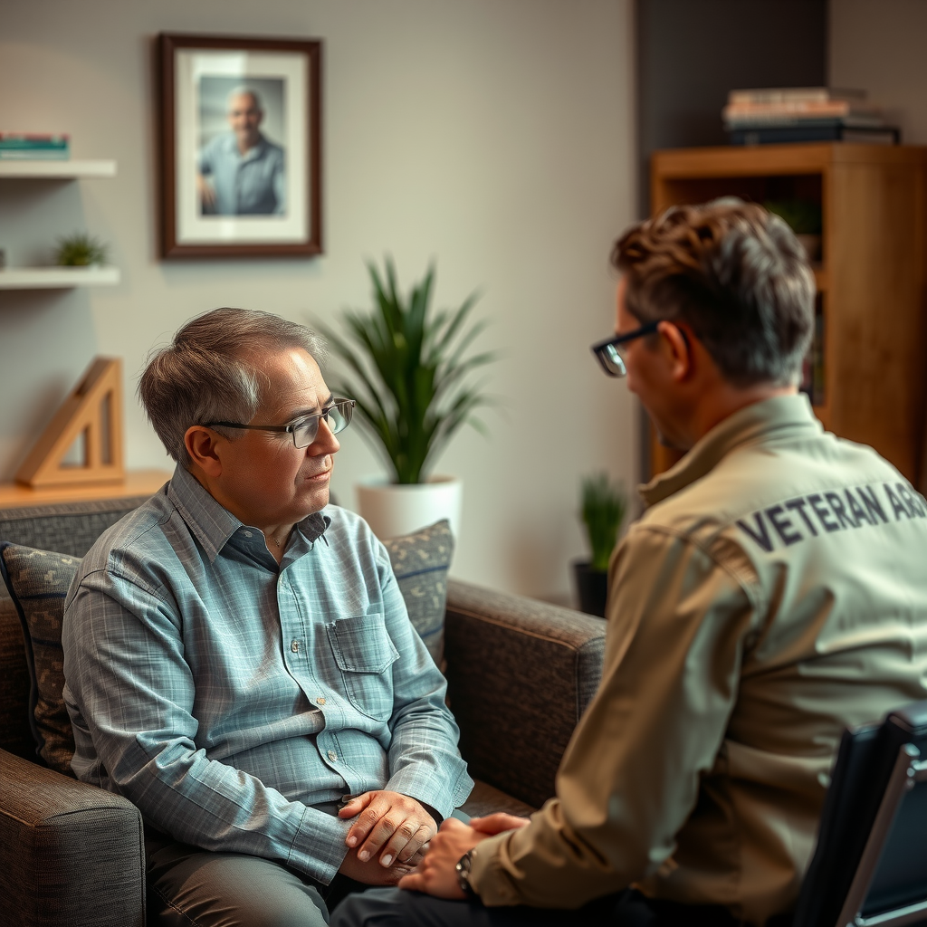 Licensed mental health counselor having a supportive conversation with a veteran in a warm, private counseling office with comfortable seating and calming decor