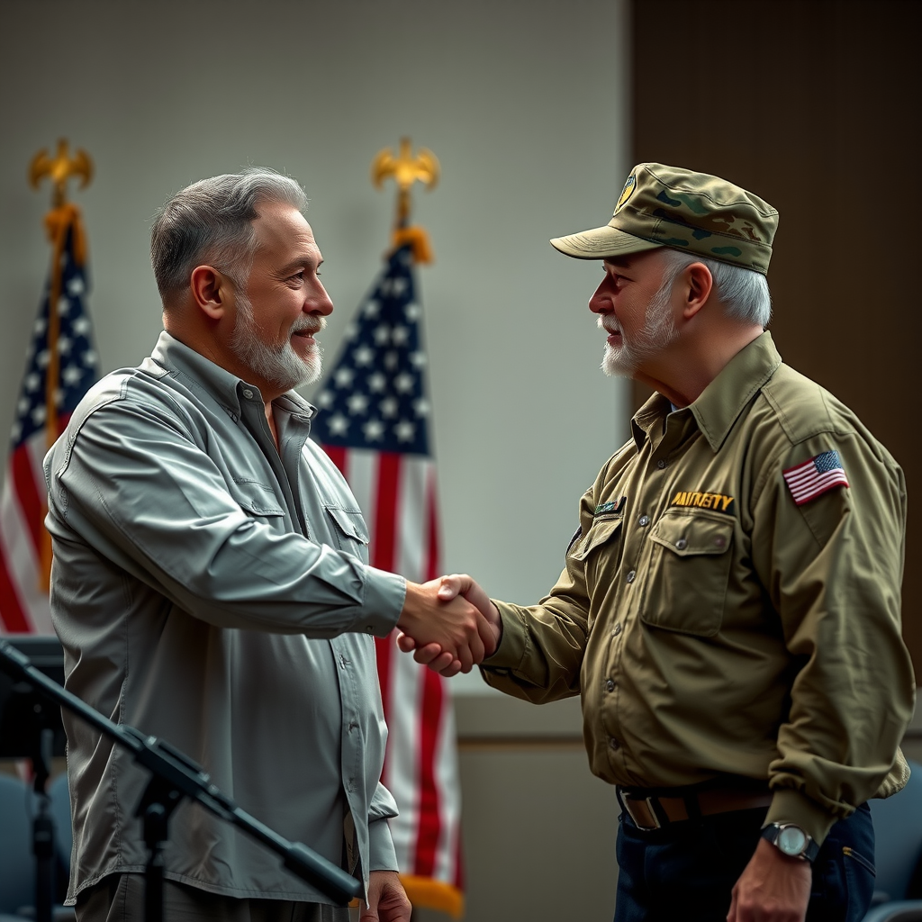 Two veterans shaking hands in a professional setting, symbolizing trust and agreement, with American flag in background, representing commitment to service and mutual respect