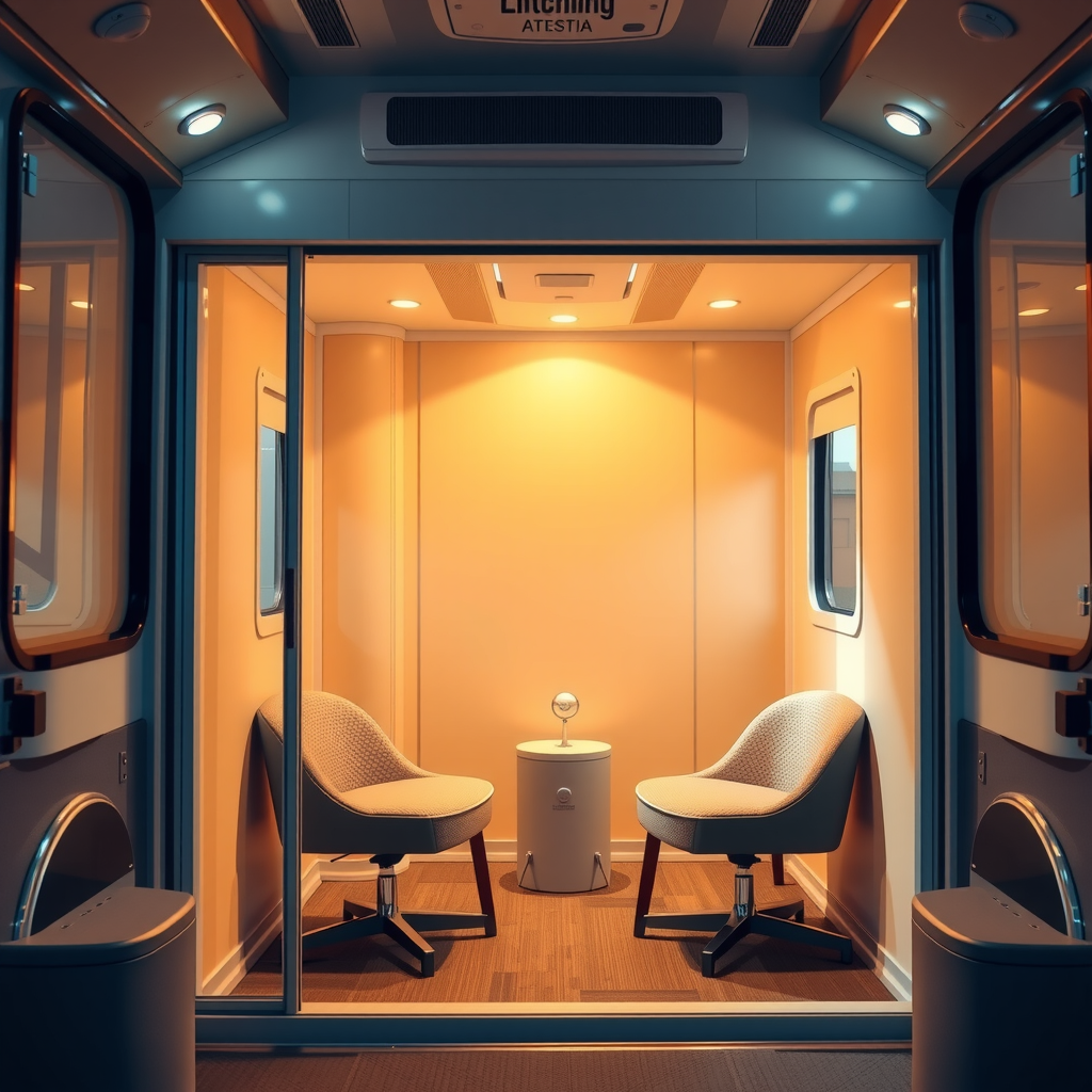Interior view of mobile mental health unit showing a comfortable, private counseling space with two chairs, warm lighting, and professional therapeutic environment designed for veteran mental health sessions