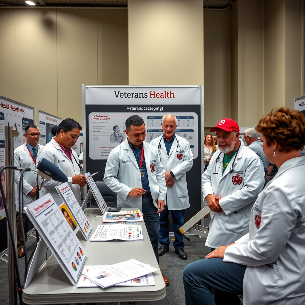 Healthcare professionals in white coats conducting free health screenings for veterans at a medical booth, with blood pressure equipment, vision testing charts, and informational brochures displayed on tables, veterans seated receiving consultations