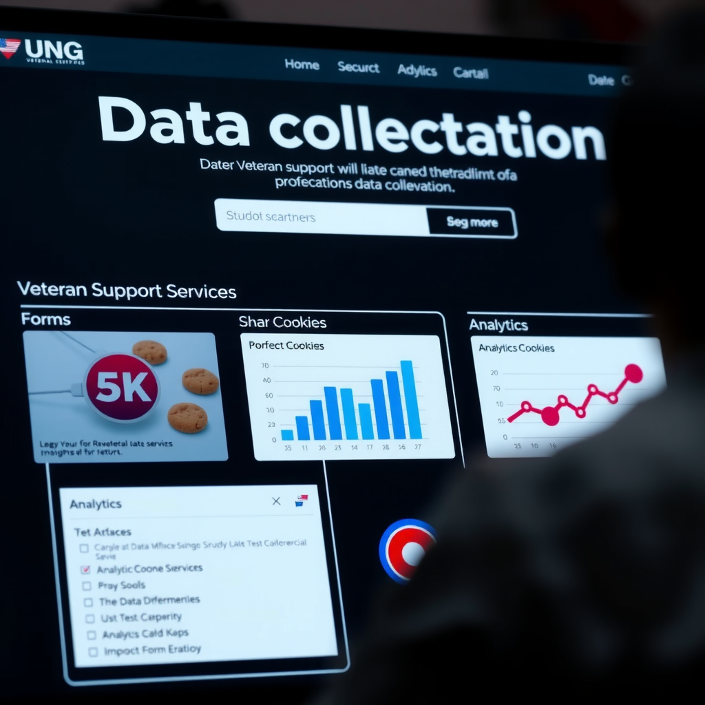 Digital interface showing various types of data collection methods including forms, cookies, and analytics for veteran support services