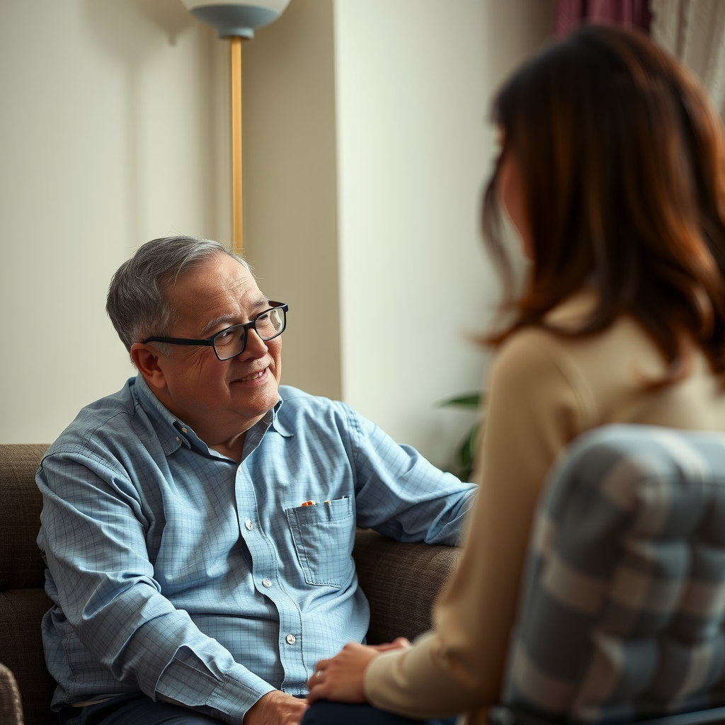 Compassionate counselor sitting with veteran in comfortable, private therapy room with soft lighting, representing confidential mental health support and counseling services