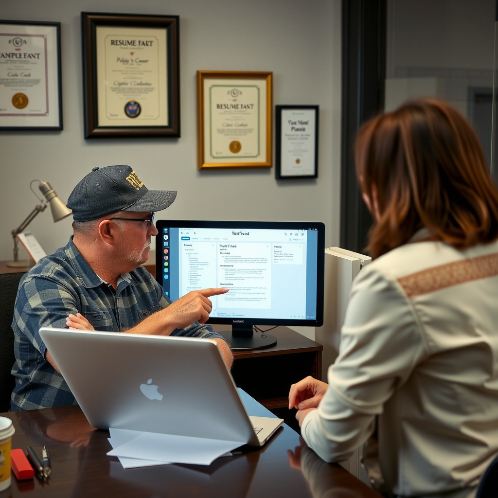 Veteran in casual business attire sitting at desk with career counselor reviewing resume documents on laptop screen, both pointing at screen discussing content, professional office environment with certificates and motivational posters on wall