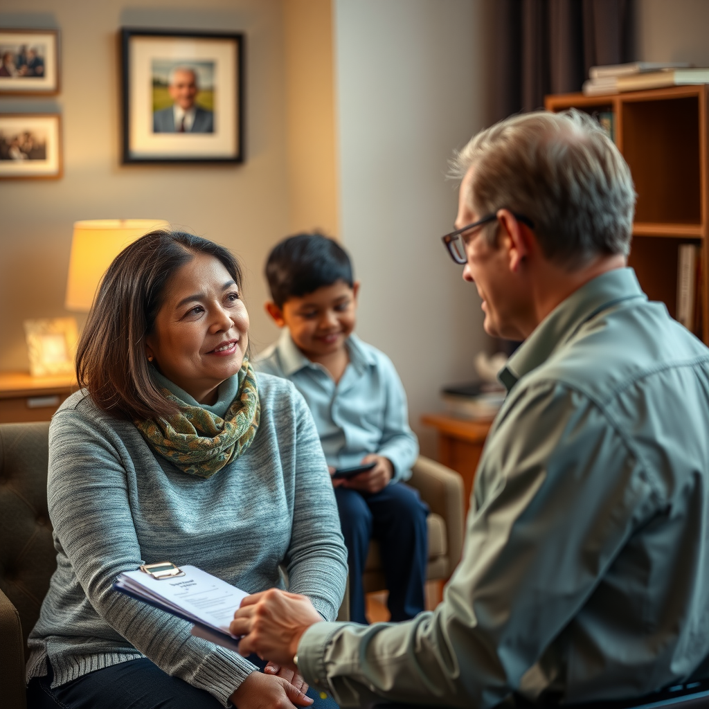 Professional counselor meeting with veteran family in comfortable office setting with warm lighting