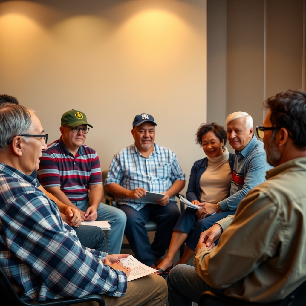 Diverse group of veterans participating in a support group meeting, sitting in a circle with facilitator, warm lighting, showing community and connection