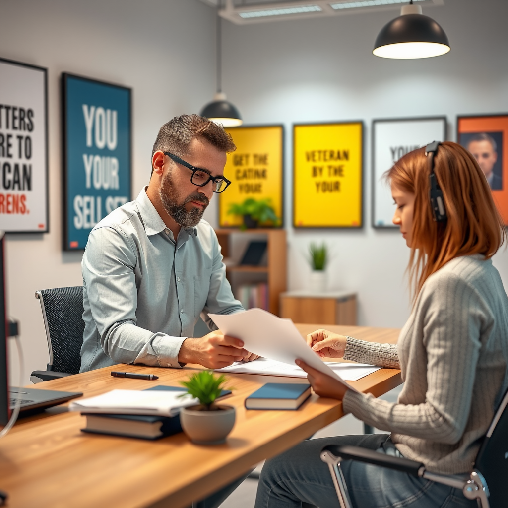 Professional career counselor sitting at a desk reviewing documents with a veteran student in a bright, modern office setting with motivational posters on the walls