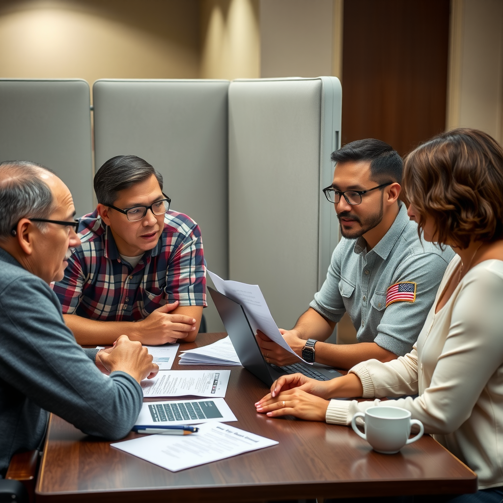 Veteran counselor sitting at a table with a veteran and family members, reviewing documents and paperwork together, laptop open showing VA benefits website, supportive and focused atmosphere with privacy dividers in background