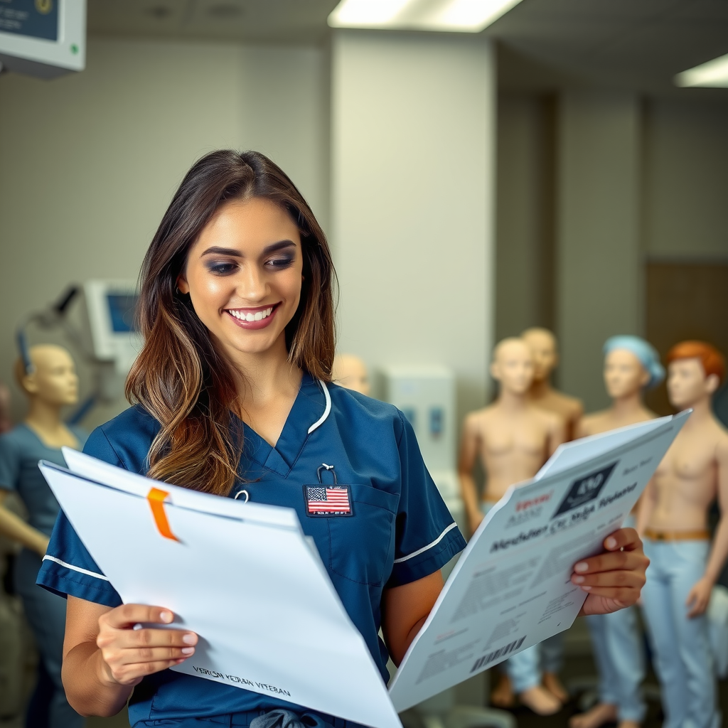 Female veteran student in a nursing uniform studying in a medical training facility, smiling confidently while reviewing educational materials, with medical equipment and training mannequins visible in the background