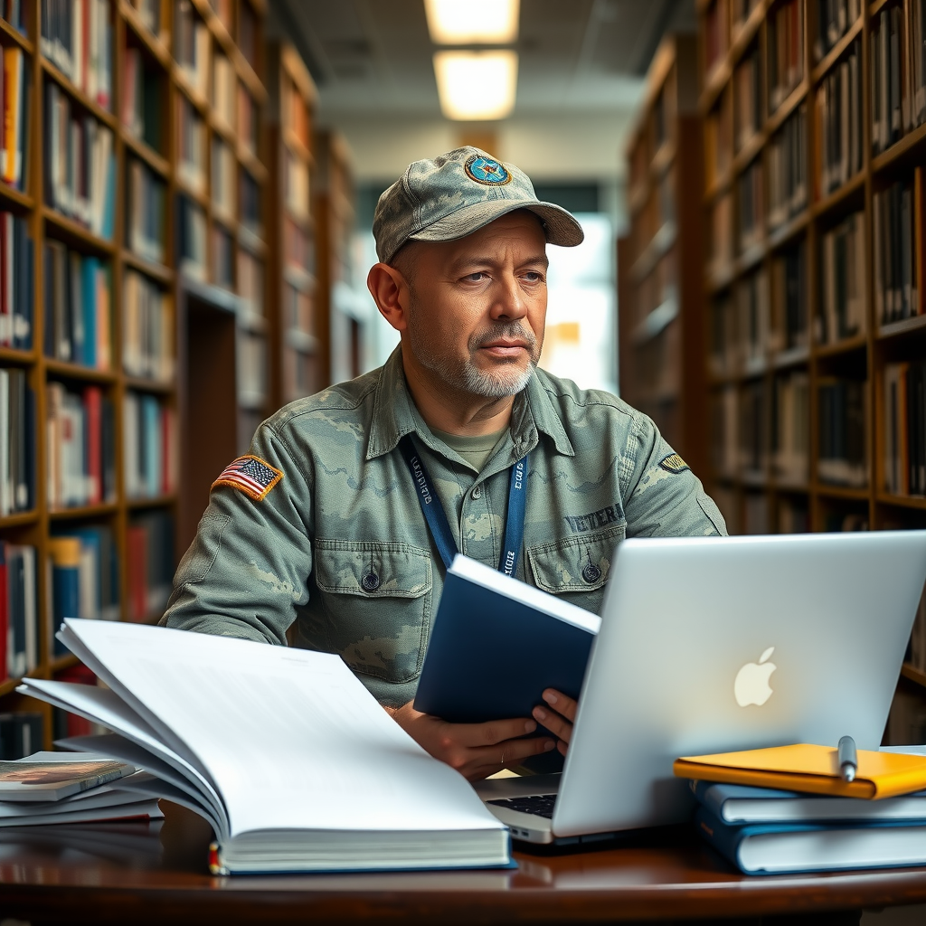 Veteran student studying at university library with open books and laptop, surrounded by educational materials, representing GI Bill benefits and educational opportunities