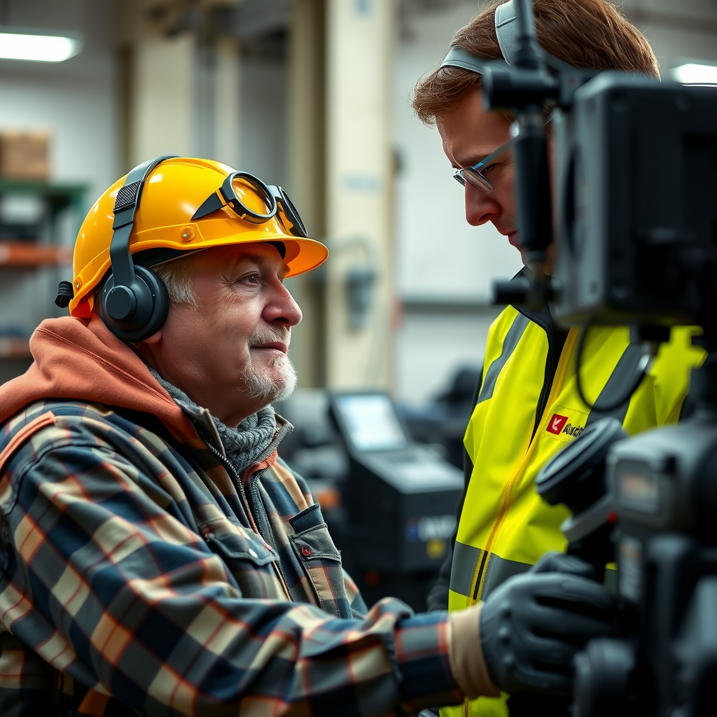 Veteran in vocational training workshop wearing safety gear working with technical equipment instructor providing hands-on guidance professional training environment