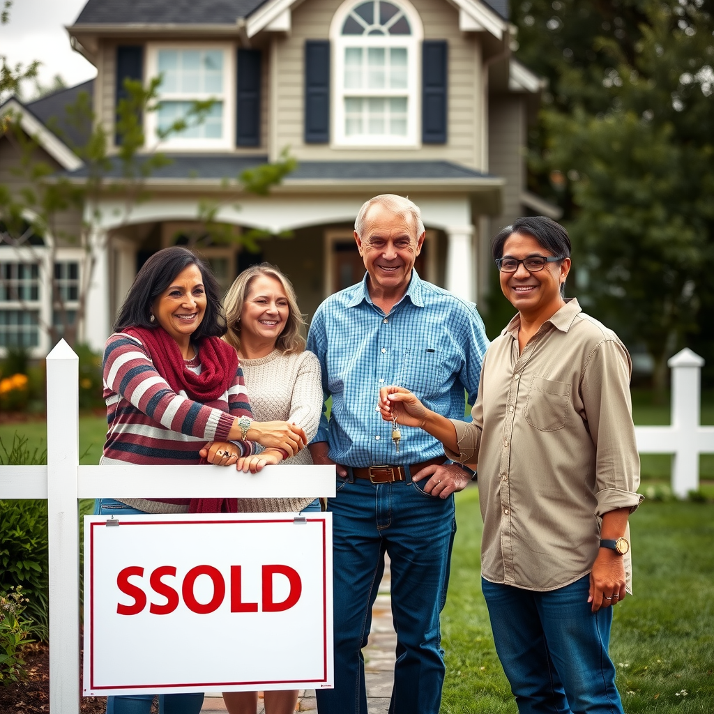 Happy veteran family receiving keys to their new home from a realtor, standing in front of a beautiful suburban house with a 'SOLD' sign, representing successful VA home loan completion