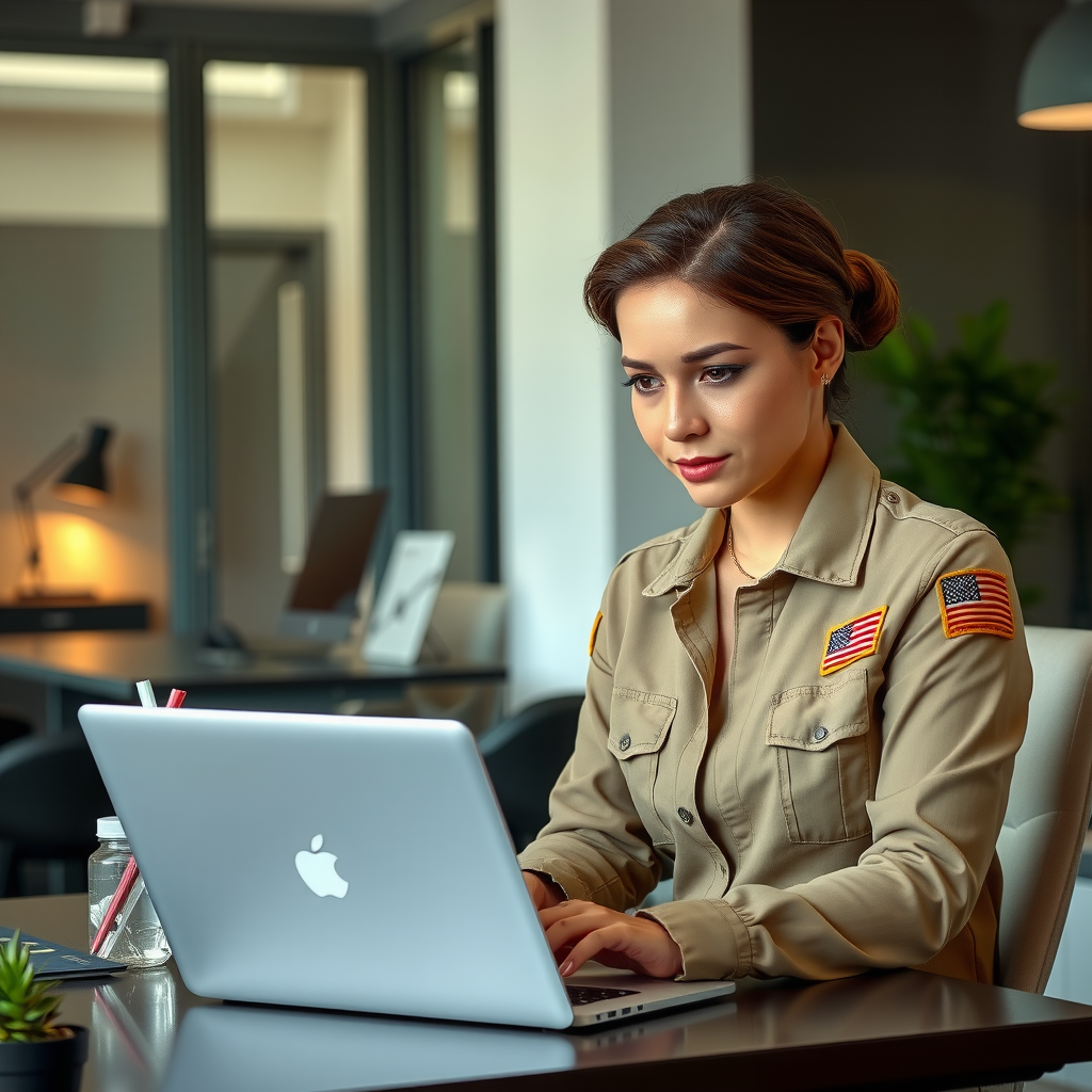 Military spouse working on laptop in modern office environment with professional attire
