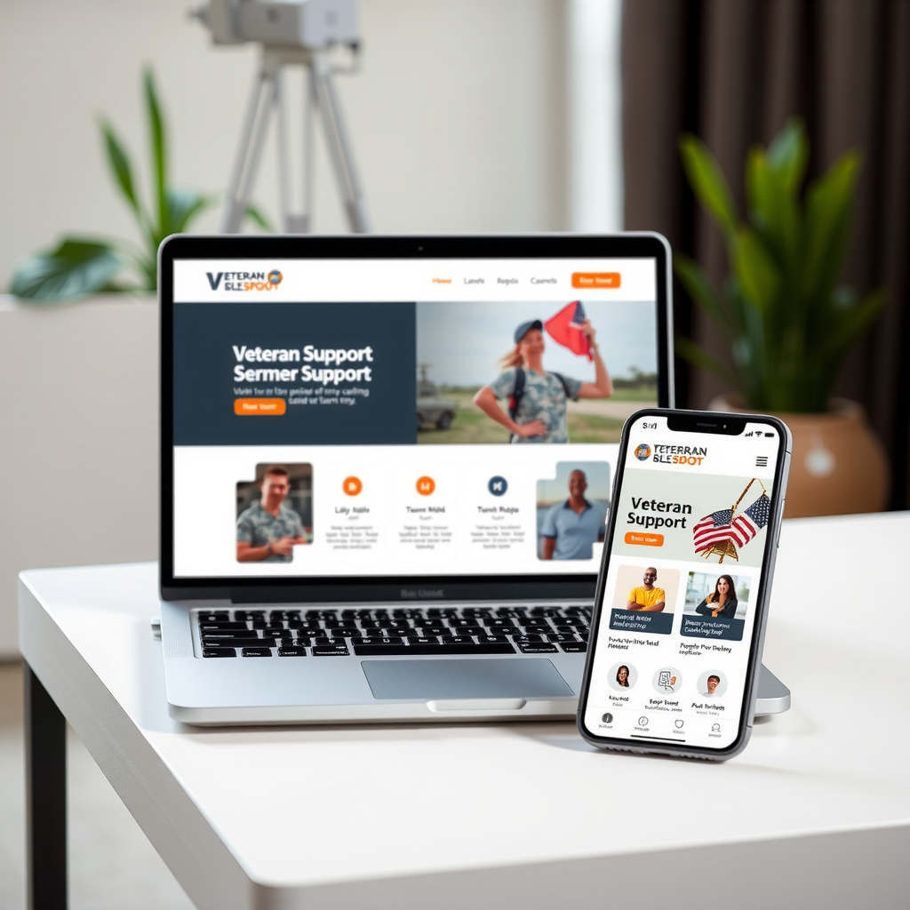 Modern laptop and smartphone displaying veteran support website interface, clean design with military-themed colors, showing various service categories and resources