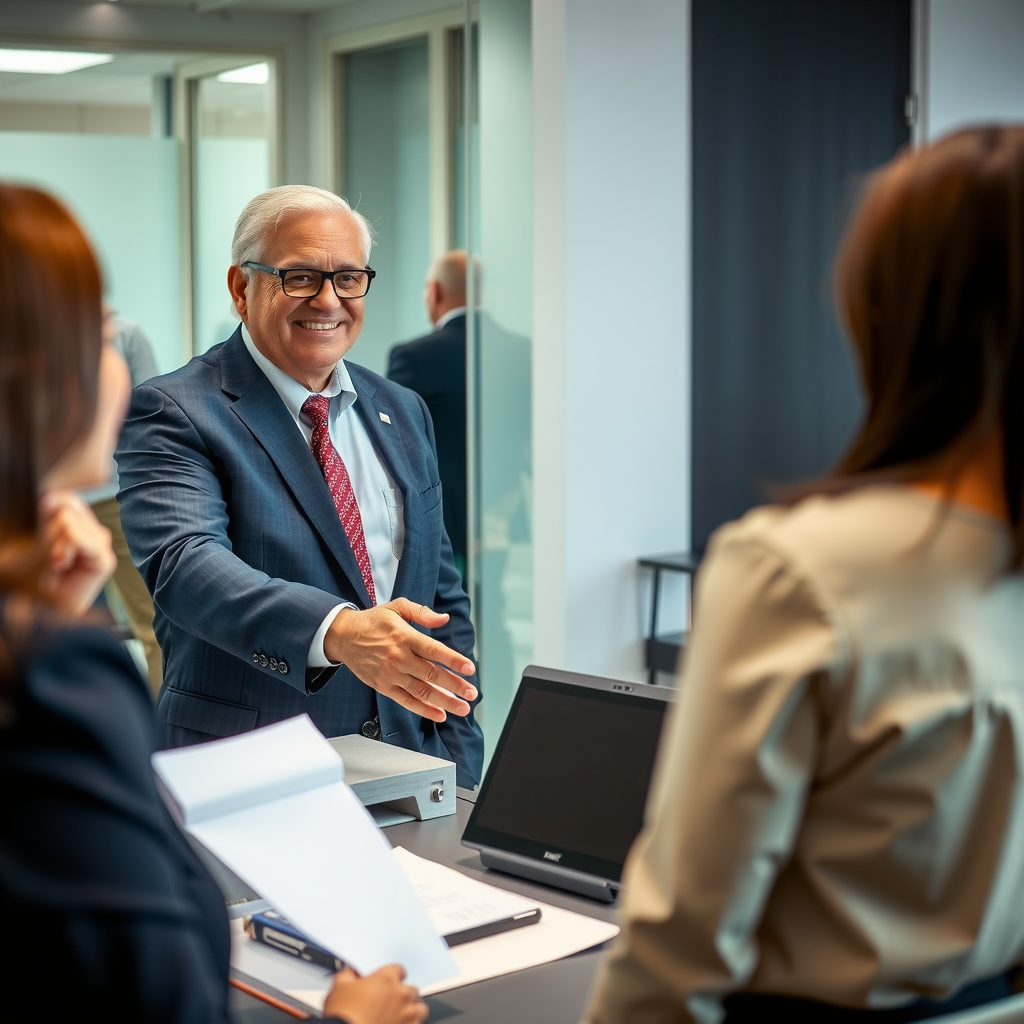 Professional veteran in business attire shaking hands with employer during successful job interview in modern office setting, showing confidence and new employment opportunity