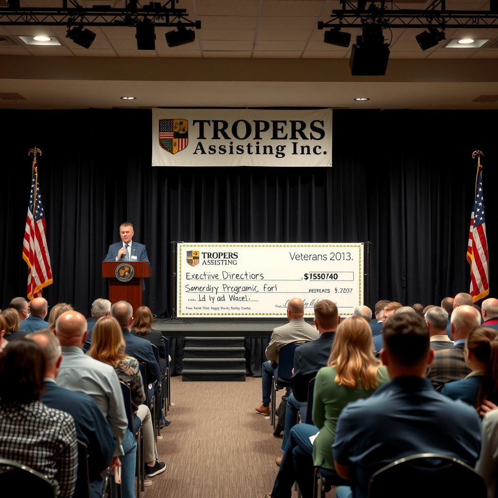 Stage setup with Troopers Assisting Inc banner, executive director at podium making announcement, audience of veterans and families seated in rows, large check display showing scholarship program details, American flag prominently displayed
