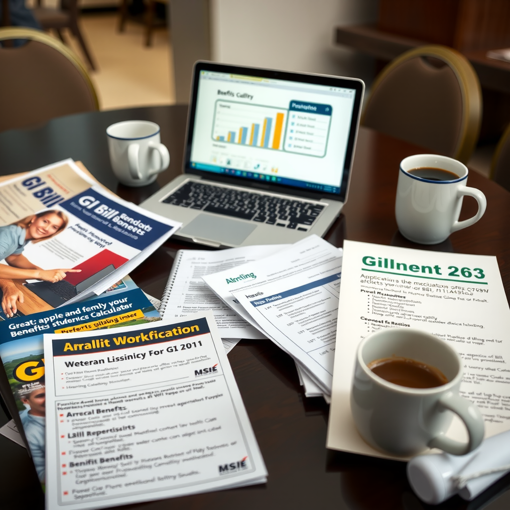 Close-up of workshop materials spread on a table including informational brochures about GI Bill benefits, application forms, laptop computer showing benefits calculator, and coffee cups, representing the comprehensive resources provided to workshop participants