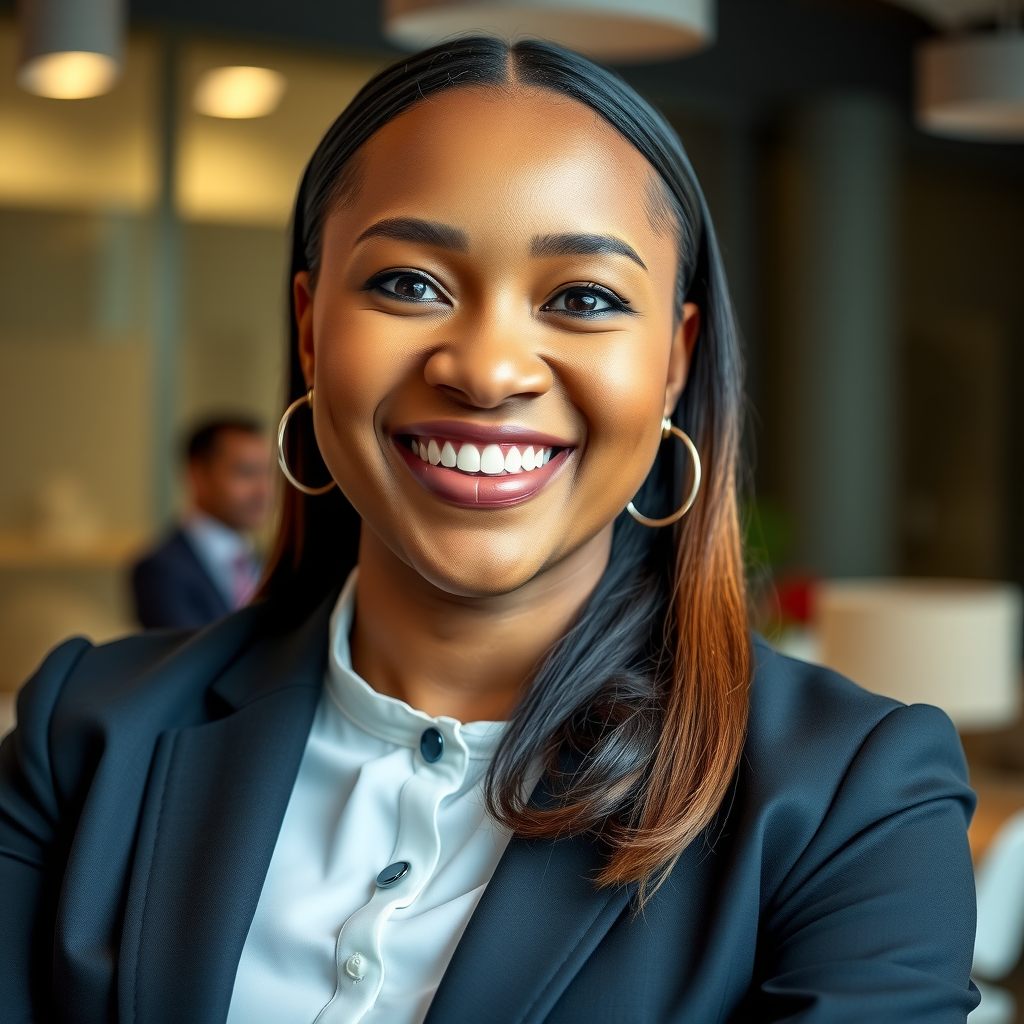 Professional headshot of Jennifer Thompson, African American woman in business suit smiling confidently, corporate office background