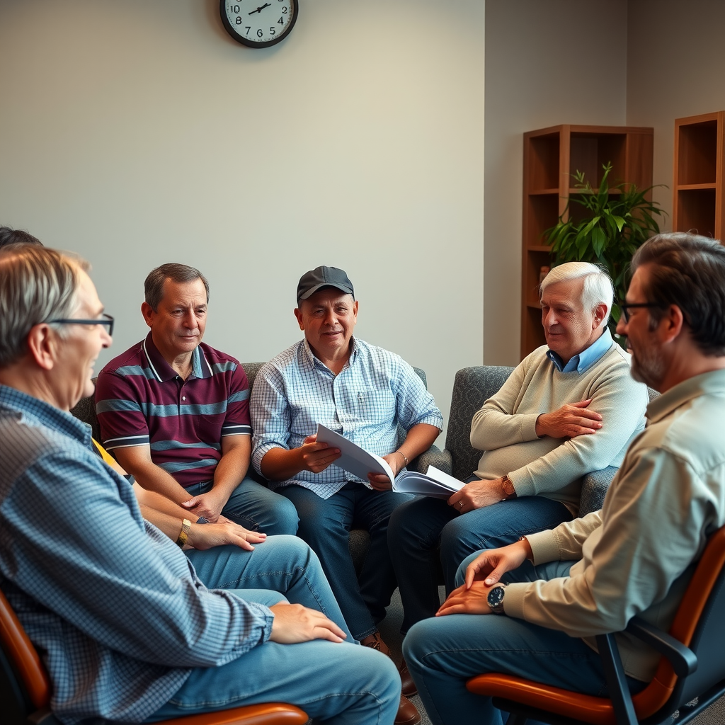 Diverse group of veterans of different ages and backgrounds sitting together in a comfortable meeting room, sharing stories and supporting each other during a peer support session