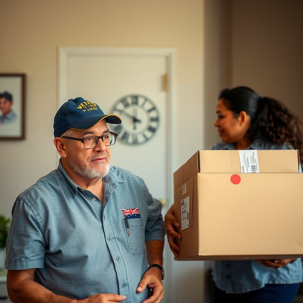 Veteran receiving assistance moving into a new apartment, with support staff helping carry boxes, representing successful rental assistance program placement and community support