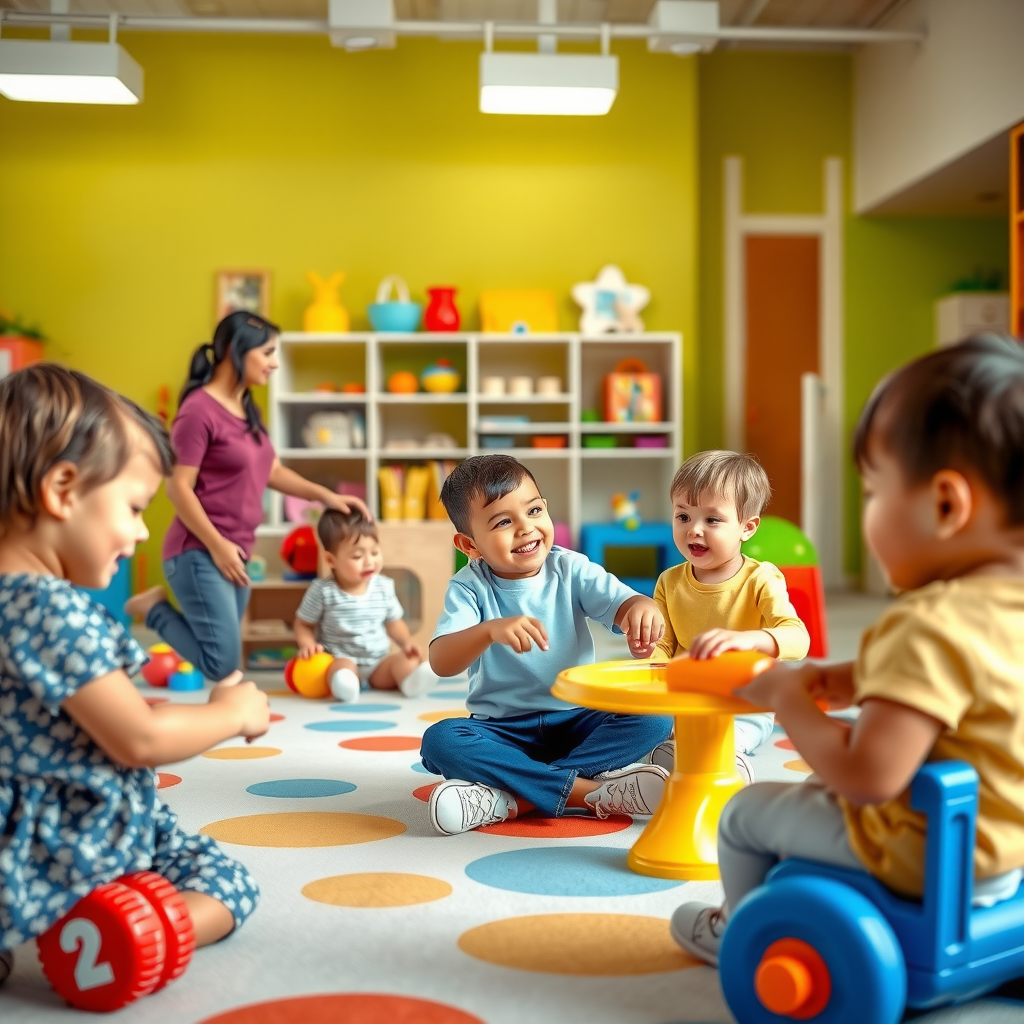 Children playing in bright colorful childcare facility with educational toys and caring staff