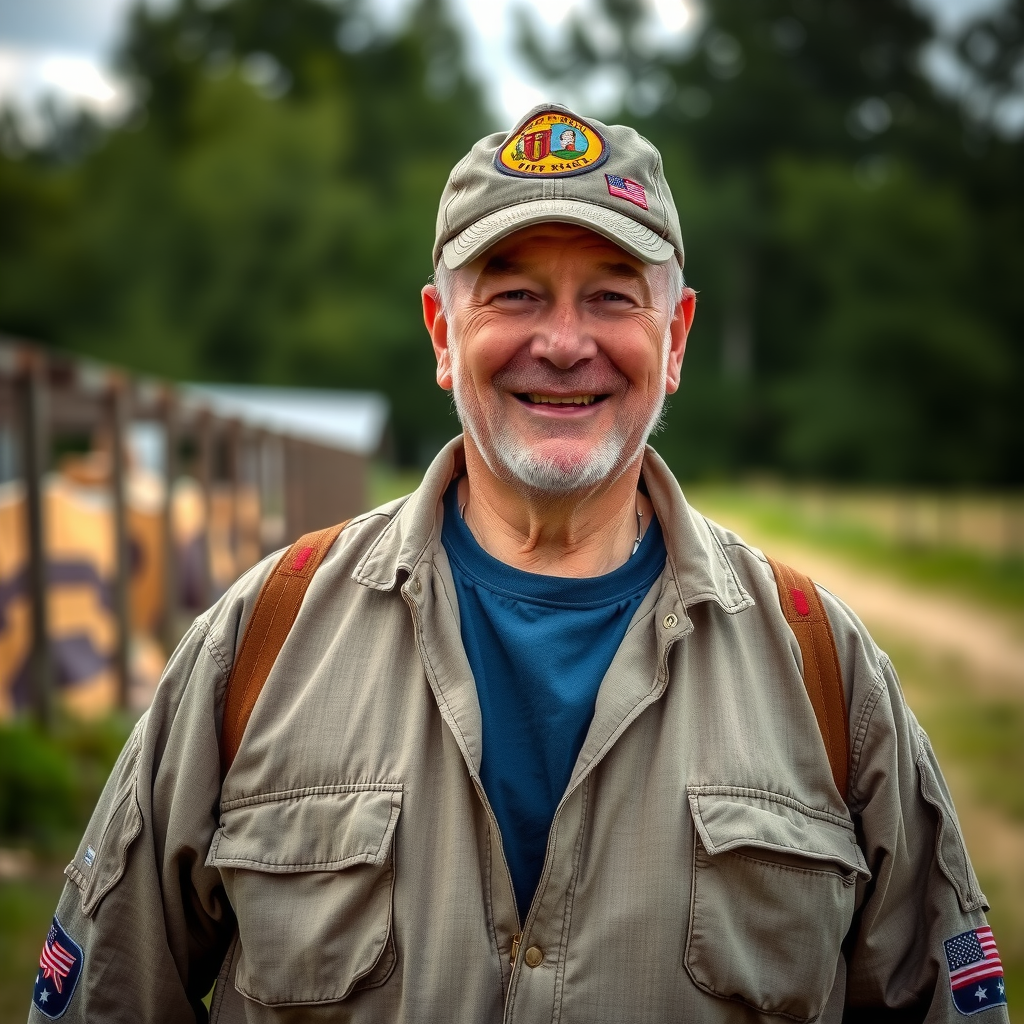 Portrait of a smiling veteran standing confidently outdoors in a rural setting, representing successful mental health treatment and recovery through mobile unit services, showing hope and resilience