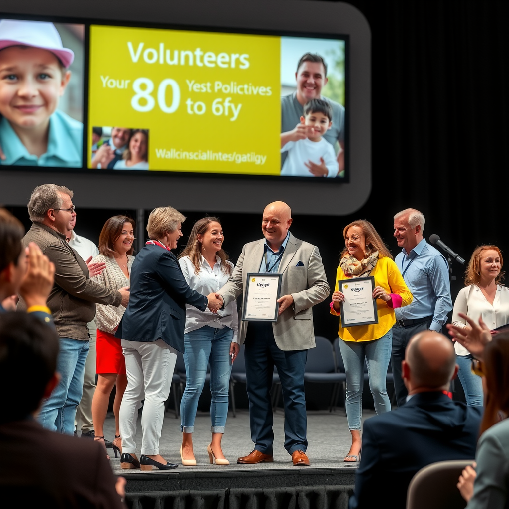 Award ceremony showing volunteers receiving plaques and certificates on stage, emotional moment with handshakes and embraces, audience applauding, display of volunteer photos and statistics on screen behind stage