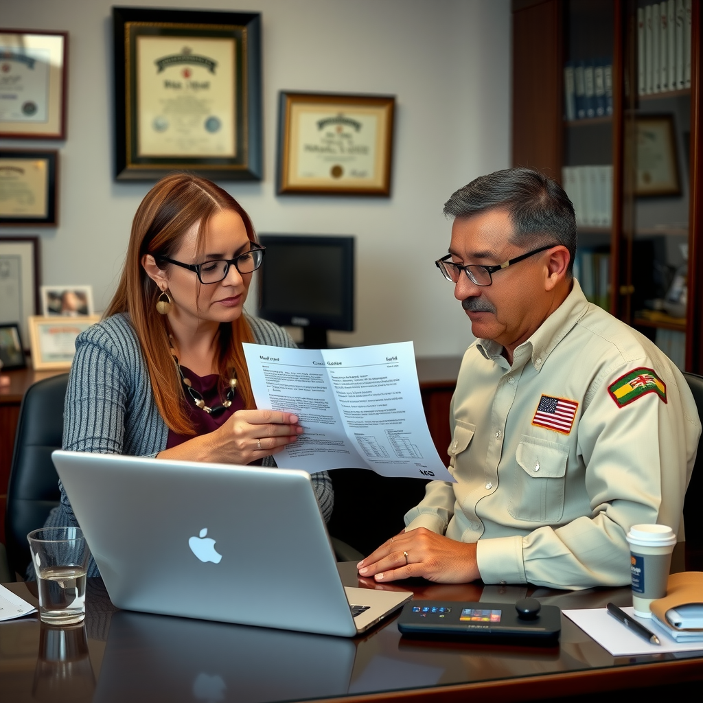 Benefits counselor and veteran sitting together at a desk reviewing documents on a laptop, with the counselor pointing to information on the screen while the veteran takes notes, in a private office setting with certificates and military memorabilia on the walls