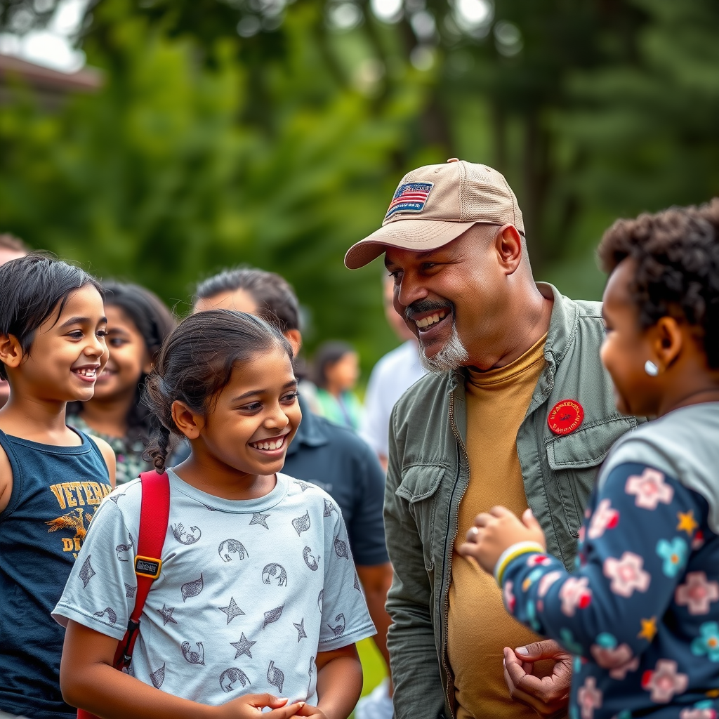 Group of veteran families and children participating in community event outdoors, smiling and engaged in activities, representing family support and community building programs