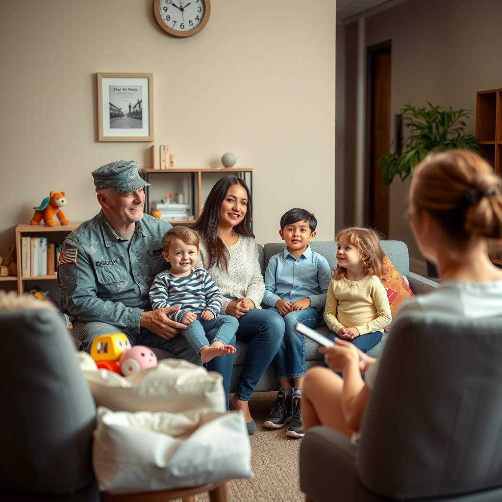 Military family including veteran, spouse, and two children meeting with a family counselor in a warm, welcoming therapy office with toys and comfortable seating