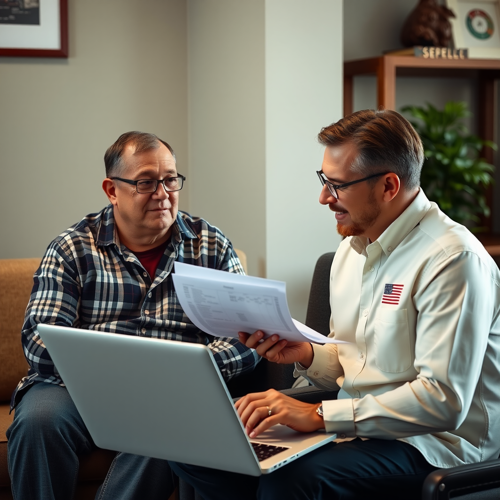 Professional financial counselor conducting one-on-one consultation with veteran, reviewing documents and financial plans on laptop in comfortable, private office setting