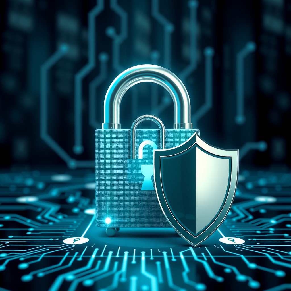 Digital security concept with lock icon and shield, representing data protection and privacy, military-grade encryption visualization, professional and secure