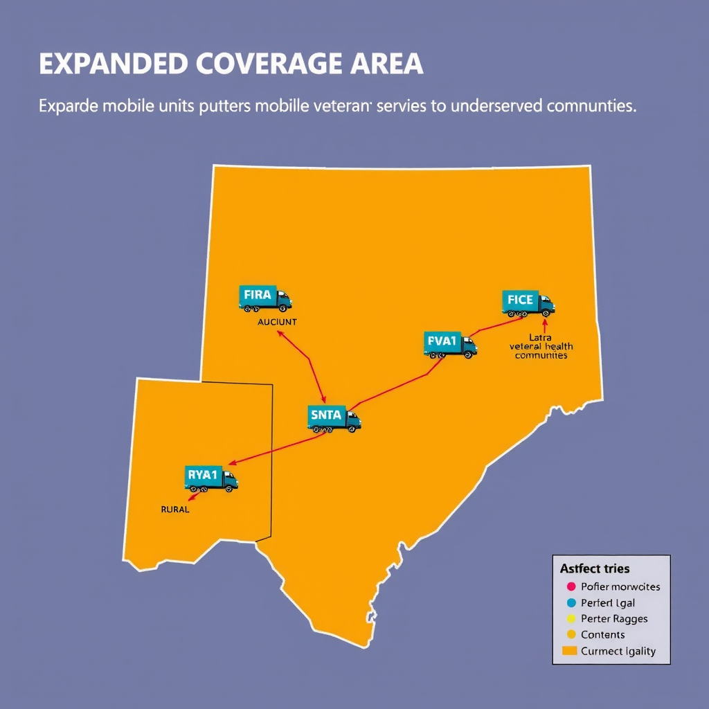 Map showing expanded coverage area with multiple mobile unit routes across rural regions, illustrating the growth and reach of veteran mental health services to underserved communities