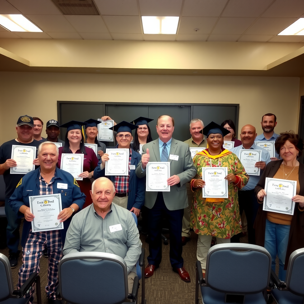 Group photo of program graduates and staff at completion ceremony, veterans and families holding certificates of completion, showing pride and achievement in community center setting