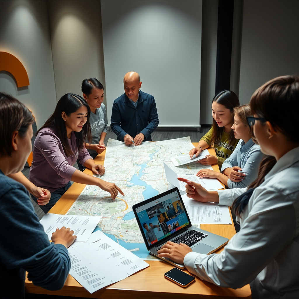 Group of organizers and volunteers gathered around a table with maps and planning documents, pointing to different locations, laptop showing calendar of satellite events, collaborative planning atmosphere