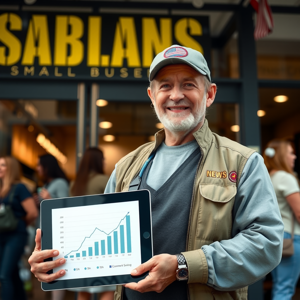Veteran business owner standing proudly in front of their small business storefront, holding a tablet showing business growth charts, with customers visible in the background, representing successful entrepreneurship training outcomes
