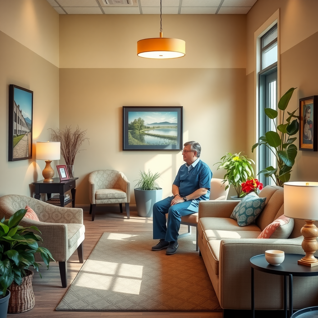 Warm, inviting reception area of mental health center with comfortable seating, plants, calming artwork, and friendly staff member greeting a veteran