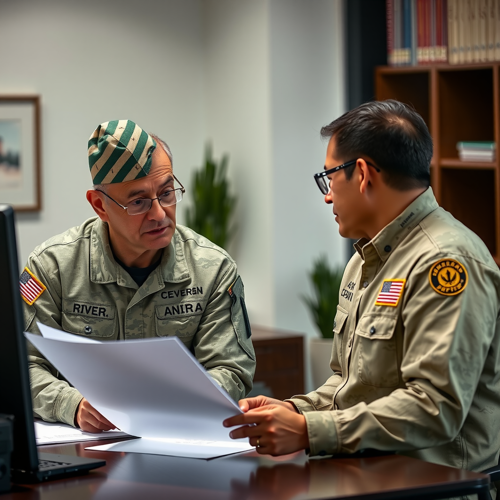 Veteran education advisor meeting with service member reviewing documents and planning educational path professional office setting supportive atmosphere