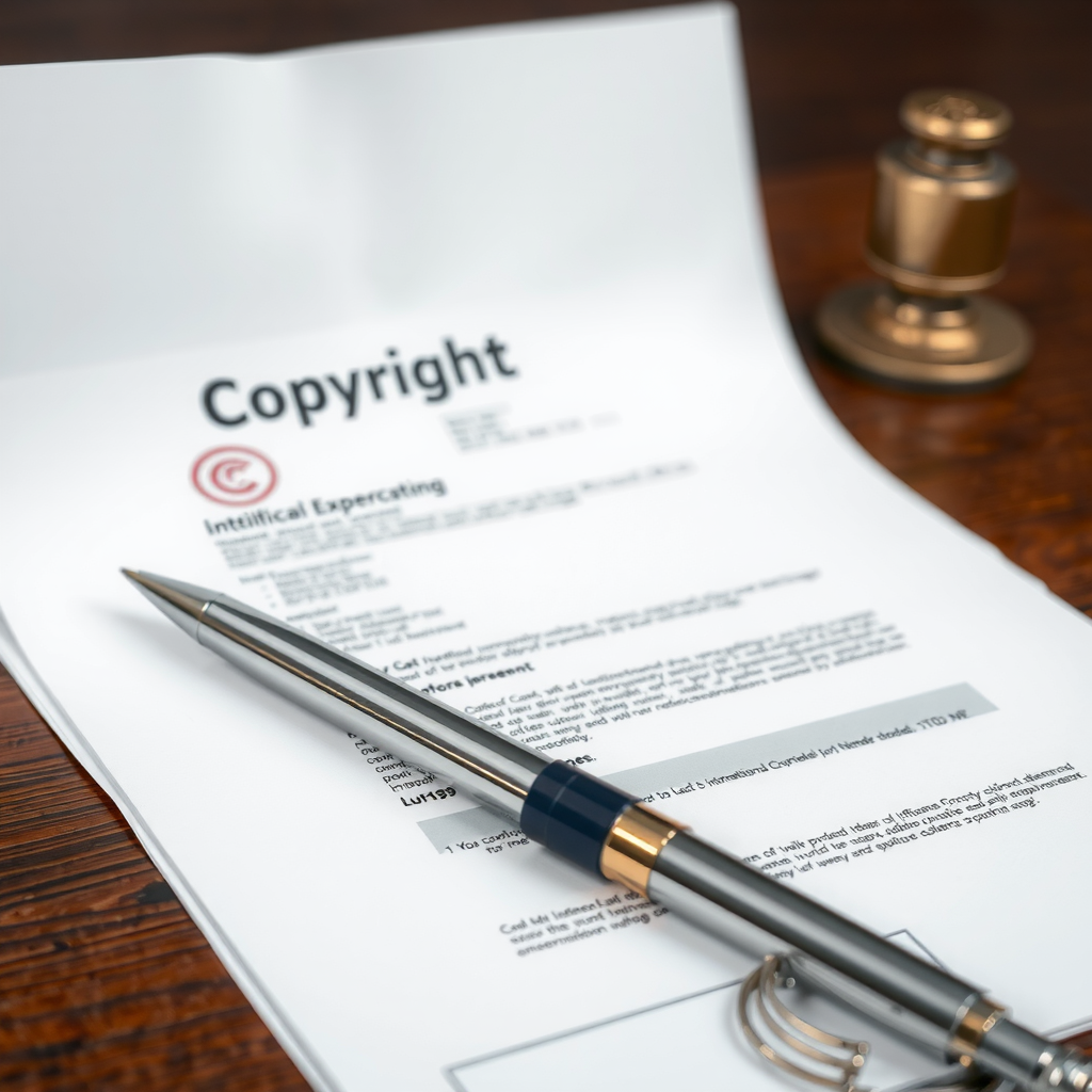 Professional document with copyright symbol and legal papers, representing intellectual property protection, clean and organized legal documentation