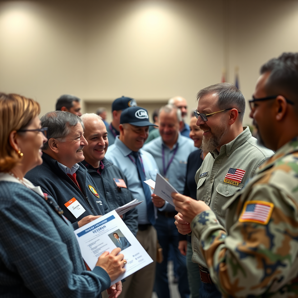 Small groups of veterans talking and exchanging contact information, smiling and engaged in conversation, some holding informational folders and brochures, diverse group representing different service branches and ages