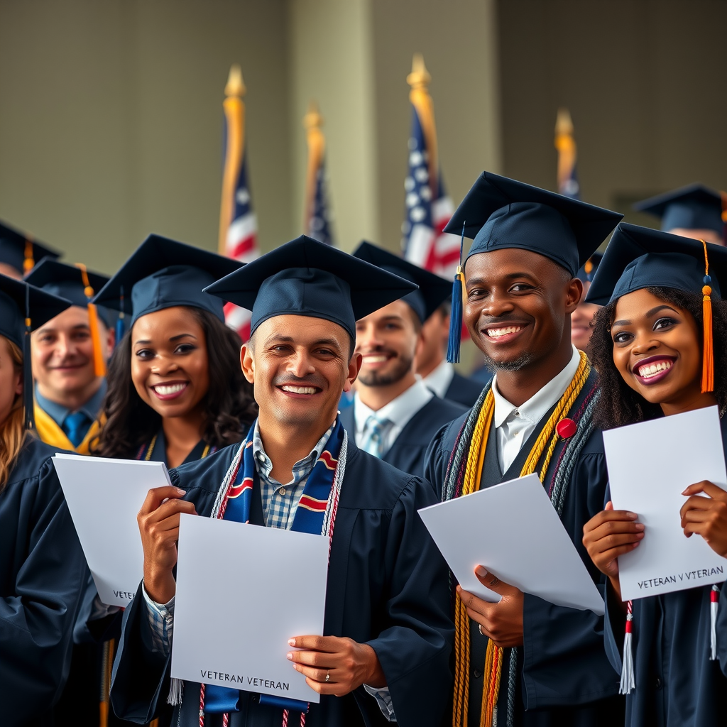 Group of diverse veterans in graduation caps and gowns celebrating their educational achievements, holding diplomas and smiling, with American flags visible in the background, representing the successful outcomes of education benefits utilization