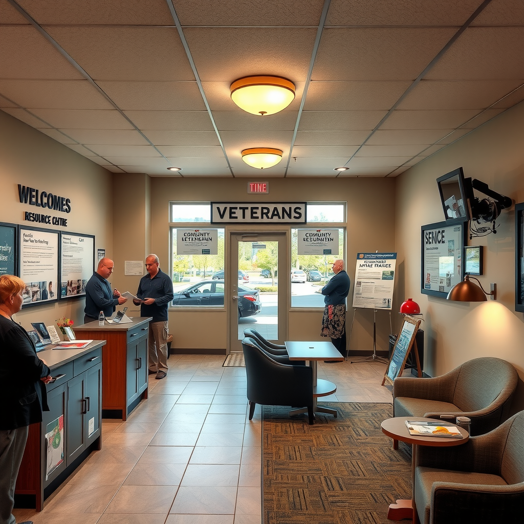 Welcoming community resource center with staff assisting veterans at service desks, informational displays about available programs, and comfortable waiting area demonstrating comprehensive support services