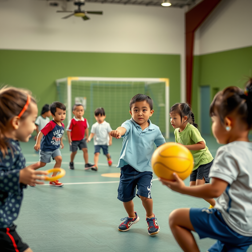 Children and families participating in sports activities and team games at community center