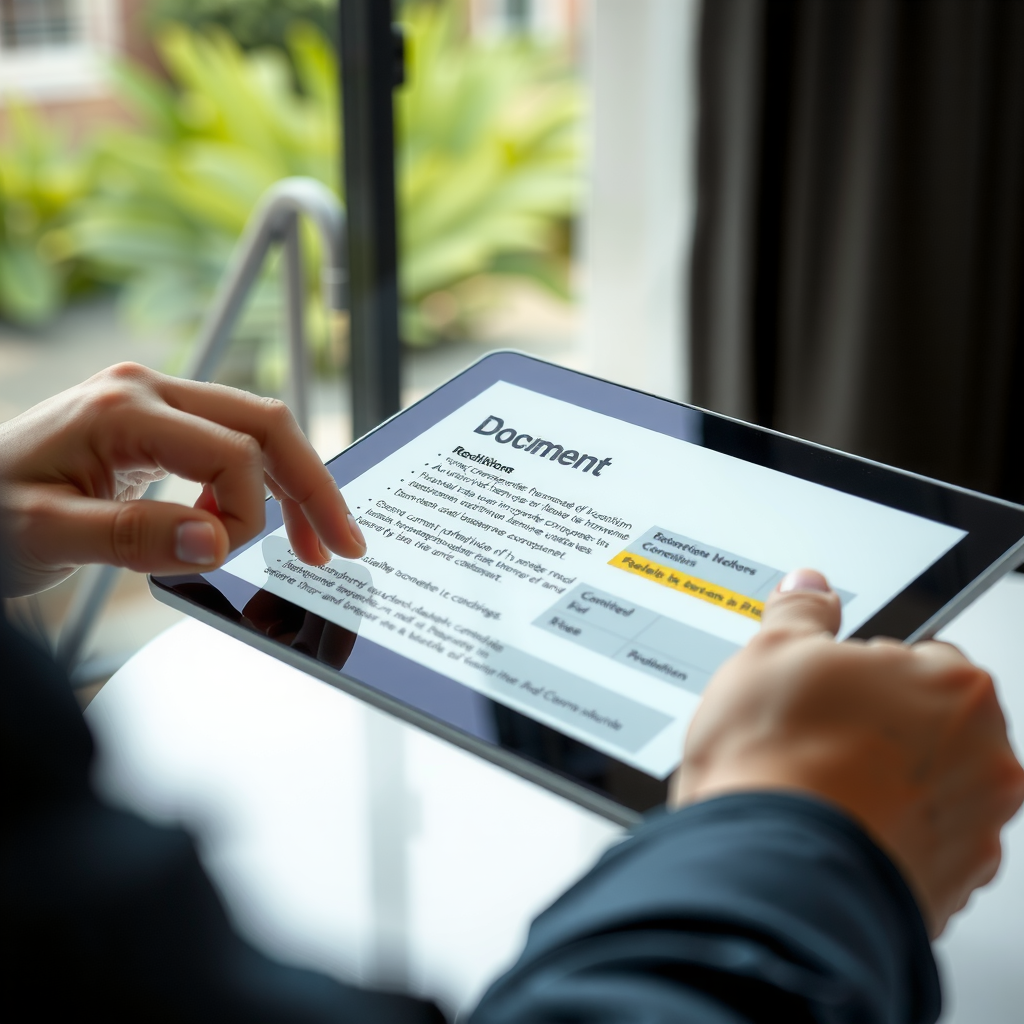 Digital document being updated on tablet screen, showing terms and conditions page with highlighted changes, modern and professional interface